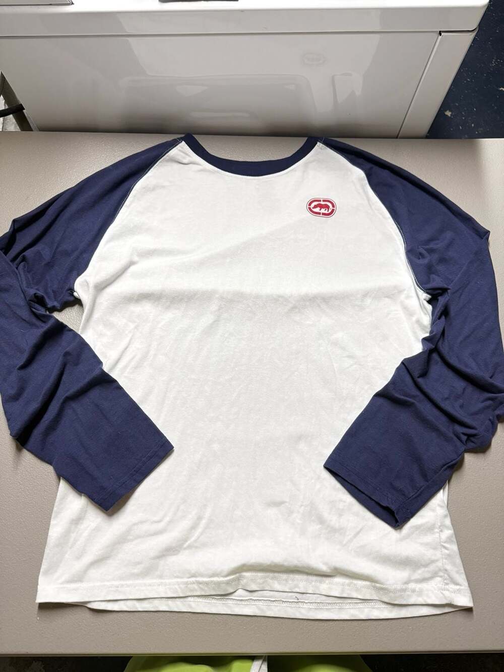 Ecko Unltd White and Navy Long Sleeve Raglan Shirt with Rhino Logo Size Large